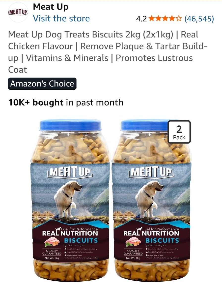 qualityhubfinds's tweet photo. Meat Up Dog Treats Biscuits 2kg (2x1kg) | Real Chicken Flavour | Remove Plaque &amp; Tartar Build-up | Vitamins &amp; Minerals | Promotes Lustrous Coat.
Rs. 405 for 2kg
https://t.co/L9gsFNUDQZ

.
.
.
#AmazonFinds #amazondeals #dog #dogfood #dogs https://t.co/AHbCWdCQ8p