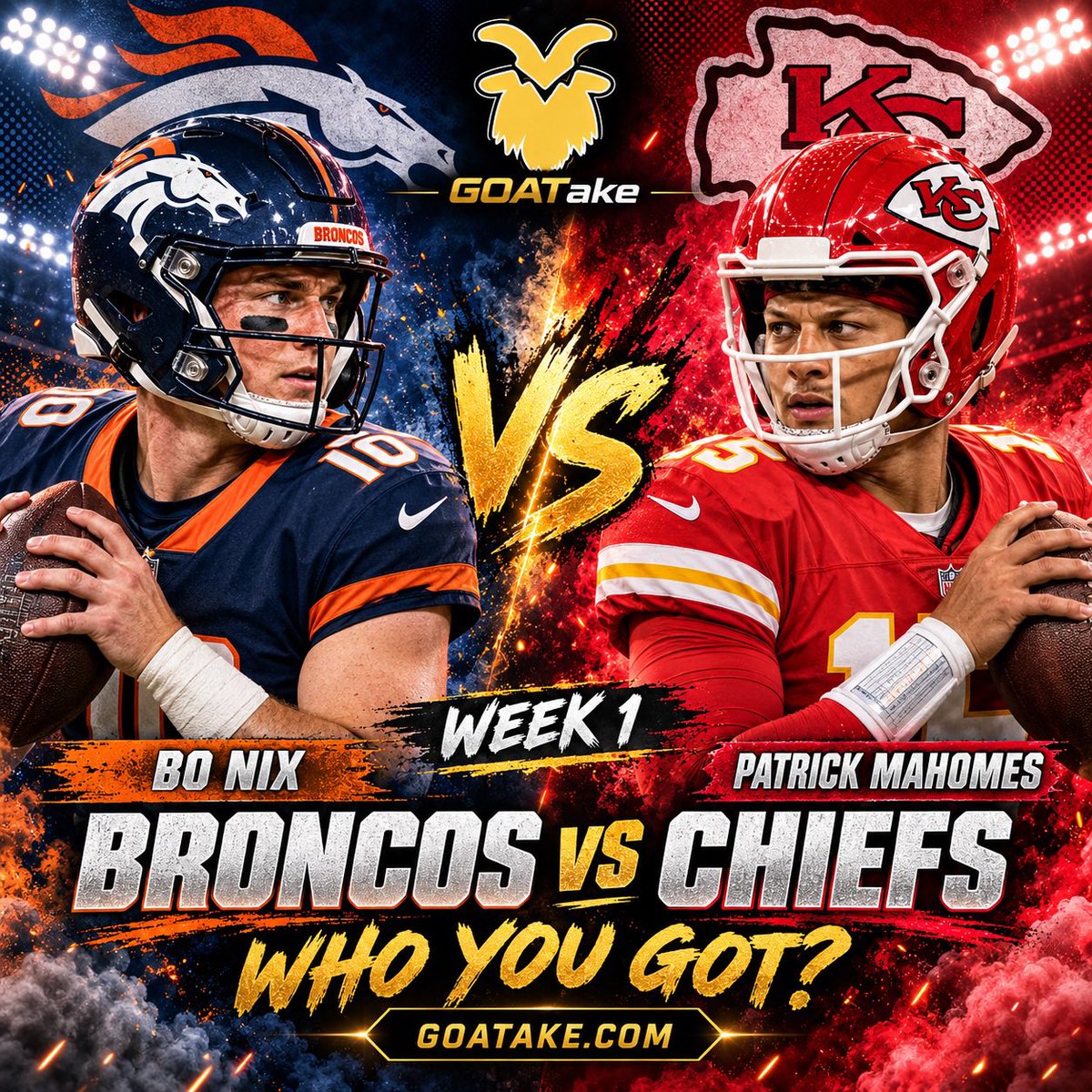 goatake_'s tweet photo. Week 1: Broncos and Chiefs. Who yall got?

I’m going Denver. I’ve got Nix with 50+ on the ground and 2 TDs through the air.

Think you know ball? 👇🏼👇🏼👇🏼👇🏼

Make your predictions at https://t.co/lK9rbWsdgr 🐐 

Everything tracked. Everyone ranked. 📈 https://t.co/kBYNJ0yMjR