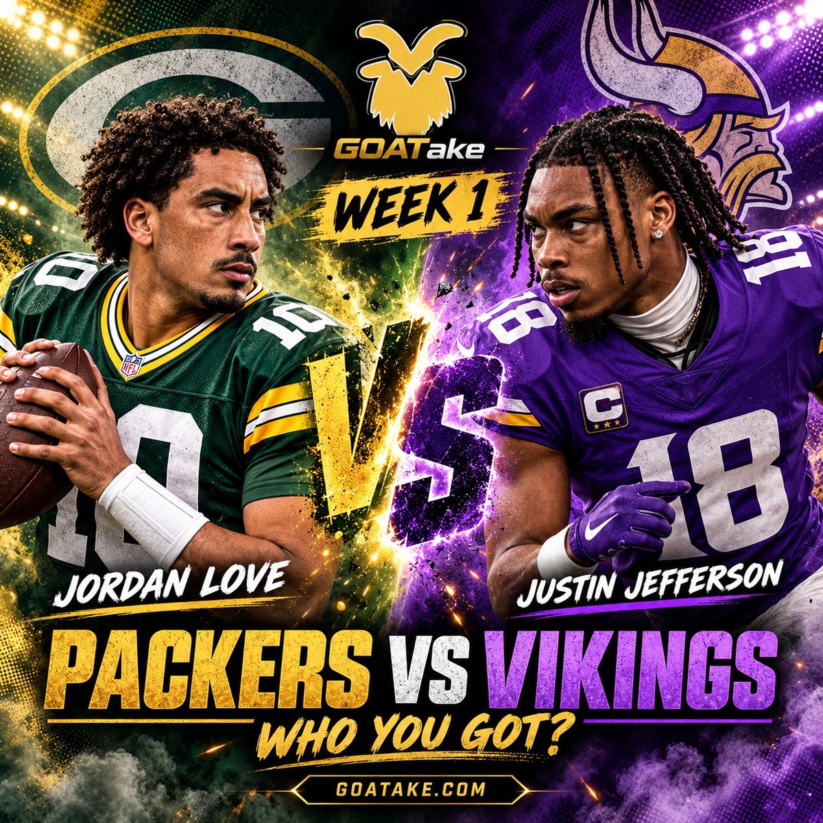 goatake_'s tweet photo. Week 1: Packers and Vikings. Who yall got?

I’m going Minnesota. I’ve got Murray throwing 2+ TDs.

Think you know ball? 👇🏼👇🏼👇🏼

Make all of your predictions at https://t.co/lK9rbWsdgr 🐐 

Everything tracked. Everyone ranked. 📈 https://t.co/pZNvHjTIba