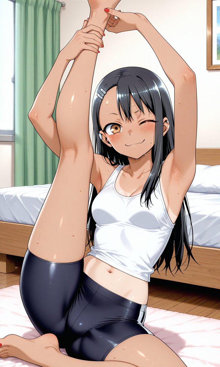GenAnimeArt's tweet photo. #Nagatoro #AIart #aianimeart #stretching #fitness #spandex #shorts #tanktop #flexibility https://t.co/FwCdE7kgtf