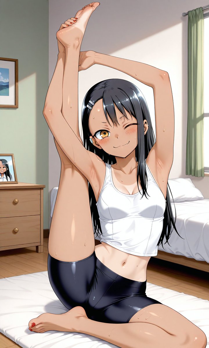 GenAnimeArt's tweet photo. #Nagatoro #AIart #aianimeart #stretching #fitness #spandex #shorts #tanktop #flexibility https://t.co/FwCdE7kgtf