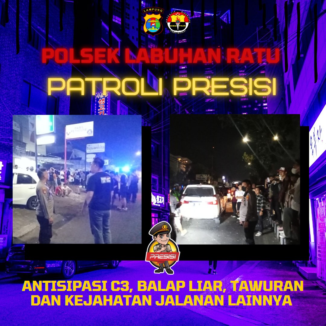 humaskdt's tweet photo. PATROLI PRESISI
Unit Samapta Polsek Labuhan Ratu Melaksanakan Patroli Presisi Antisipasi Balapan liar, C3 Curas, Curat dan Curanmor dan Kejahatan lainnya Terciptanya Kamtibmas yang Kondusif

@spripim.polri
@divisihumaspolri
@humas_poldalampung
@polresta_bandarlampung https://t.co/V7VINzqF4v