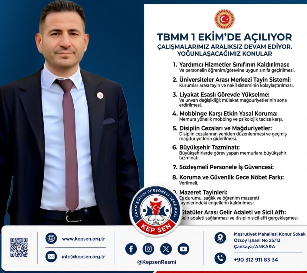 Olcay_Celik's tweet photo. TBMM 1 EKİM'DE AÇILIYOR
ÇALIŞMALARIMIZ ARALIKSIZ DEVAM EDİYOR.
YOĞUNLAŞACAĞIMIZ KONULAR
​
✅​Yardımcı Hizmetler Sınıfının Kaldırılması: Ve personelin öğrenim/görevine uygun sınıfa geçirilmesi.
✅​Üniversiteler Arası Merkezi Tayin Sistemi: Kurumlar arası tayin ve nakil sisteminin kolaylaştırılması.
✅​Liyakat Esaslı Görevde Yükselme: Ve unvan değişikliği; mülakat mağduriyetlerinin sona erdirilmesi.
✅​Mobbinge Karşı Etkin Yasal Koruma: Memura yönelik mobbing ve psikolojik tacize karşı.
✅​Disiplin Cezaları ve Mağduriyetler: Disiplin cezalarının yeniden düzenlenmesi ve geçmiş mağduriyetlerin giderilmesi.
✅​Büyükşehir Tazminatı: Büyükşehirlerde görev yapan memurlara büyükşehir tazminatı.
​Sözleşmeli Personele İş Güvencesi:
✅​Koruma ve Güvenlik Gece Nöbet Farkı: Verilmeli.
​Mazeret Tayinleri: Eş durumu, sağlık ve öğrenim mazereti tayinlerindeki engellerin kaldırılması.
✅​Statüler Arası Gelir Adaleti ve Sicil Affı: Gelir adaleti sağlanması 

@Yusuf__Tekin @mebpgm @YuksekogretimK @erolozvar @batikanaksoy 

@RTErdogan @hasandogan
@eczozgurozel @csgbakanligi @MDervisogluTR @dbdevletbahceli @MevlutCavusoglu
@ErbakanFatih
@cevdetyilmaz @ComezTurhan @gamzetascier @hasanozturkmen
@melih_meric @gamzeilgezdi @aefakibaba @Mahi_Nur @mustafaelitas
@isikhanvedat
@yilmaztunc
@leylasahinusta
@avomerozmen
@abdullahguler_
@MhpTbmmGrubu
@oktay_saral @cenginyurt52
@Mehmetasila19 @DoganBekin
@mehmetucum
@Y_Akdogan
@drsoysal
@farukozcelikgsb
@MKalayci42
@ifarukaksu
@alikeskinkilic
@belginuygur10
@selcukktepeli
@fethigurer @selcukozdag @SalihUzunDr @avidrissahin @abdulhamitgul @memetsimsek
@Cem__Sahin @MehmedAltinoz  @AvBehiye