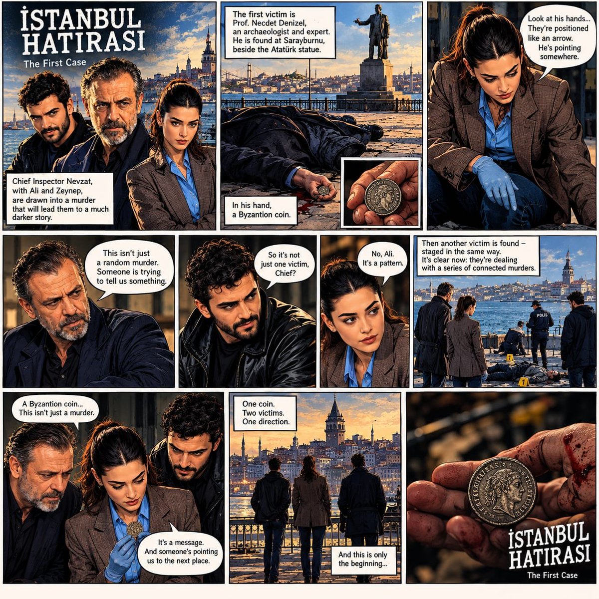 NijaMoro's tweet photo. A comic of the first case the trio solved in the book 🕵️‍♀️🔎🔥

#NejatIsler #SimayBarlas #YiğitKoçak #istanbulhatırası #Netflix https://t.co/S9xEbyhzFi