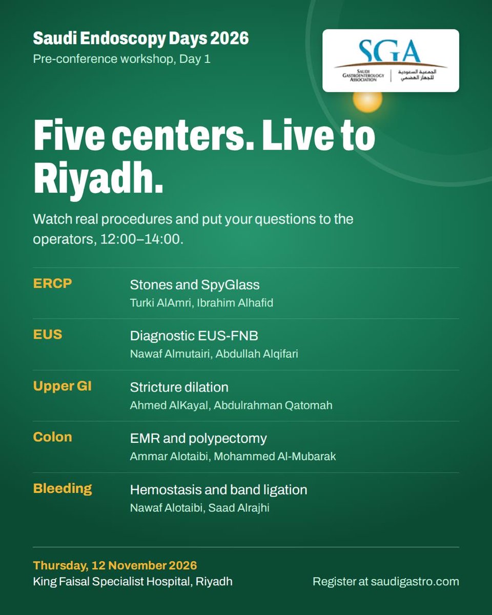 SaadAlrajhi's tweet photo. To all Gi fellows, Do not miss this fantastic course organized by my dear friends @AlmuhaidbAymen @AhmadBazarbashi . We will be giving fellows hands on teaching on the ERCP scope along side some live cases showcasing state of the art hemostasis techniques https://t.co/pUH7Xp4GOe