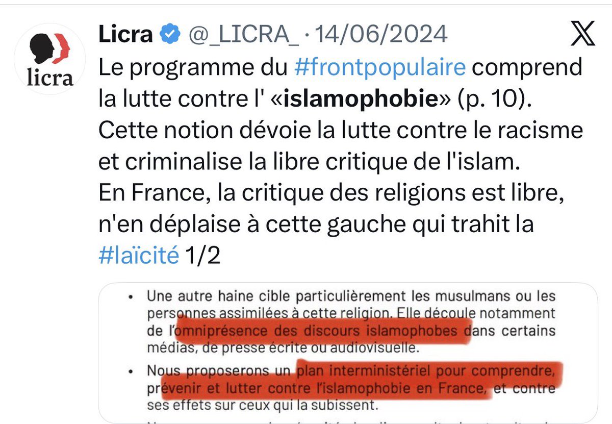 RimaHas's tweet photo. La LICRA qui prétend lutter contre le racisme, œuvre depuis très longtemps pour exclure la question de l’islamophobie du champ de l’antiracisme. (En photo position de son président en 2016, position en 2024). 

Le terme islamophobie est utilisé par :
- la Commission nationale consultative des droits de l'Homme (CNCDH)
- conseil de l’Europe 
- par des organisations internationales qui luttent contre le racisme et les discriminations 
- l’ONU consacre même une journée internationale de lutte contre l’islamophobie