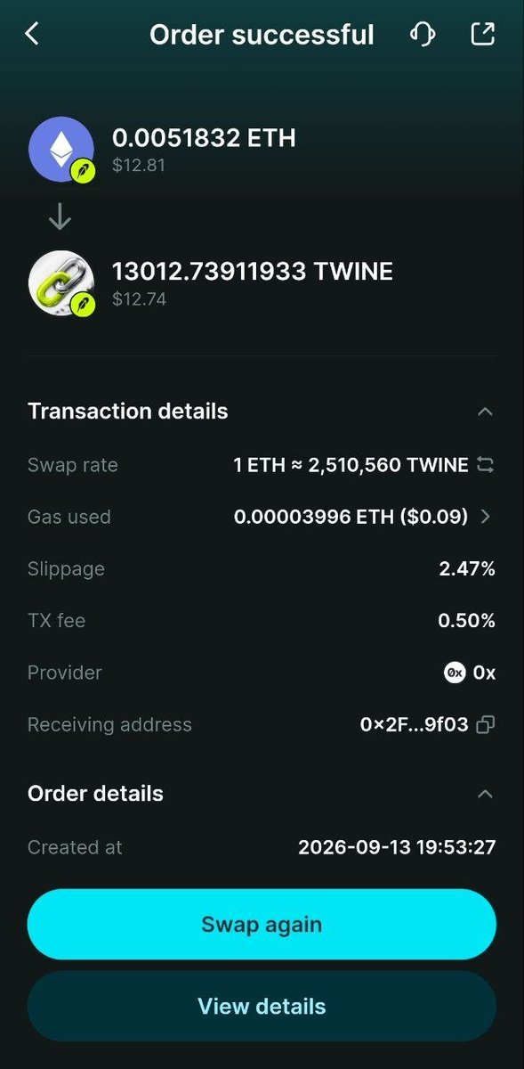 kartikhazra920's tweet photo. Profit locked, swap complete. ๐ค
โ๐ข +2.32% on $TWINE โก๏ธ $ETH via @BitgetWalletSA
#RobinhoodOnBitgetWallet
โ
CC: @RajRajgaurav670
@onlyprofit2u
@_pradeepsingh_ https://t.co/7uBxVFkja4