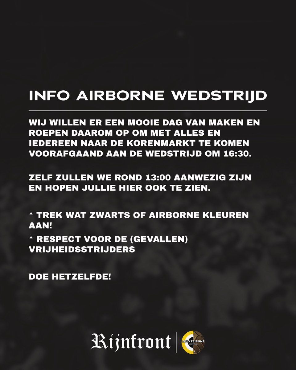 Rijnfront's tweet photo. RIJNFRONT x Zuidtribune Arnhem 

Een nieuwe weg met oude gezichten, wij hopen jullie allen aanstaande zaterdag vanaf 13.00 te zien op de Korenmarkt!

#rijnfront #ZTA #Arnhem https://t.co/lLCEmwgB6N