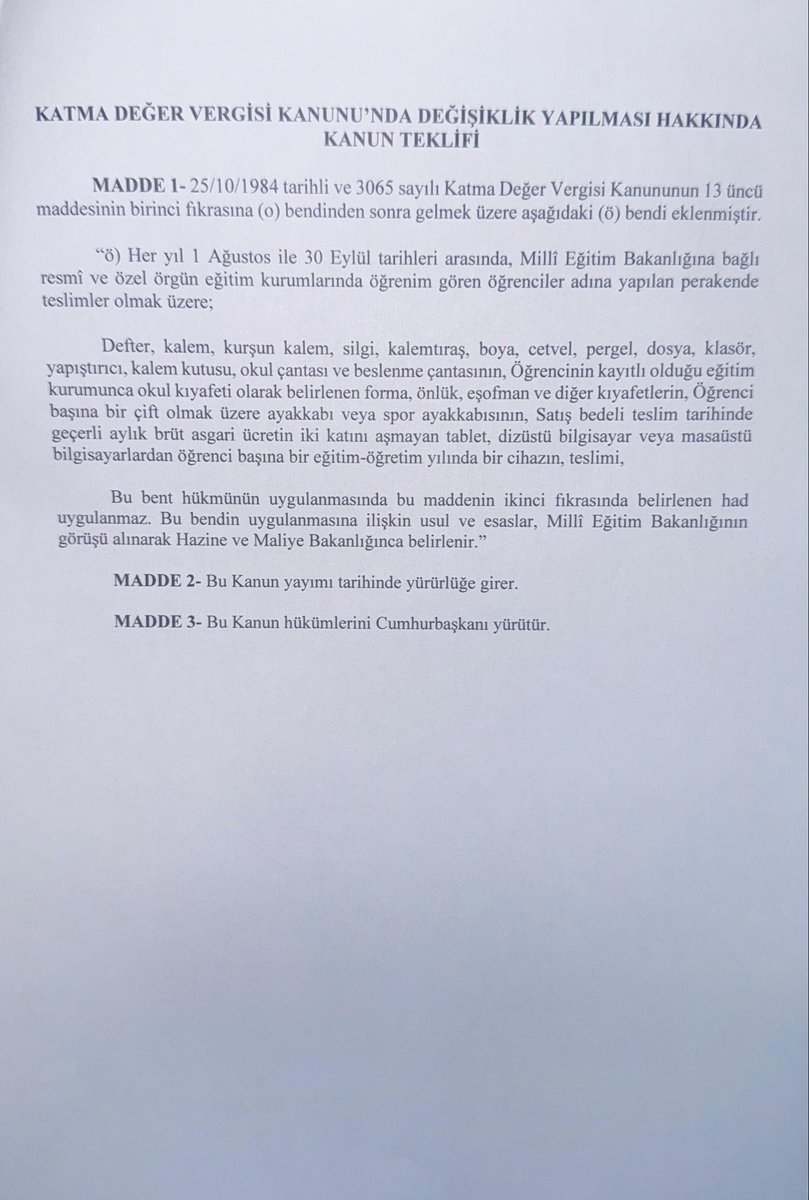 MTanal's tweet photo. Her yıl 1 Ağustos–30 Eylül arasında öğrencilerimiz için alınan kırtasiye malzemeleri, okul çantası, kıyafet, ayakkabı ile belirli sınırlar içindeki bilgisayar ve tabletlerin KDV’den muaf tutulması için kanun teklifimizi TBMM’ye sunduk.

Eğitim haktır; öğrencinin defterinden, kaleminden, ayakkabısından vergi alınmamalıdır. İktidarı, ailelerin okul masrafını azaltacak teklifimize destek vermeye çağırıyoruz.

@ankahabera