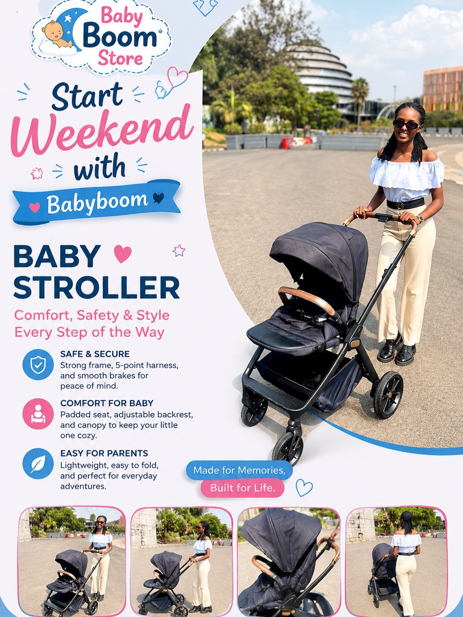 Stephanie_forse's tweet photo. Start the weekend with Babyboom! Make every outing more comfortable, safe, and stylish with a stroller designed for easy movement and everyday adventures. Find us at Kigali Heights and Chic Building. Call 0788610100. https://t.co/caOAZi7PCf