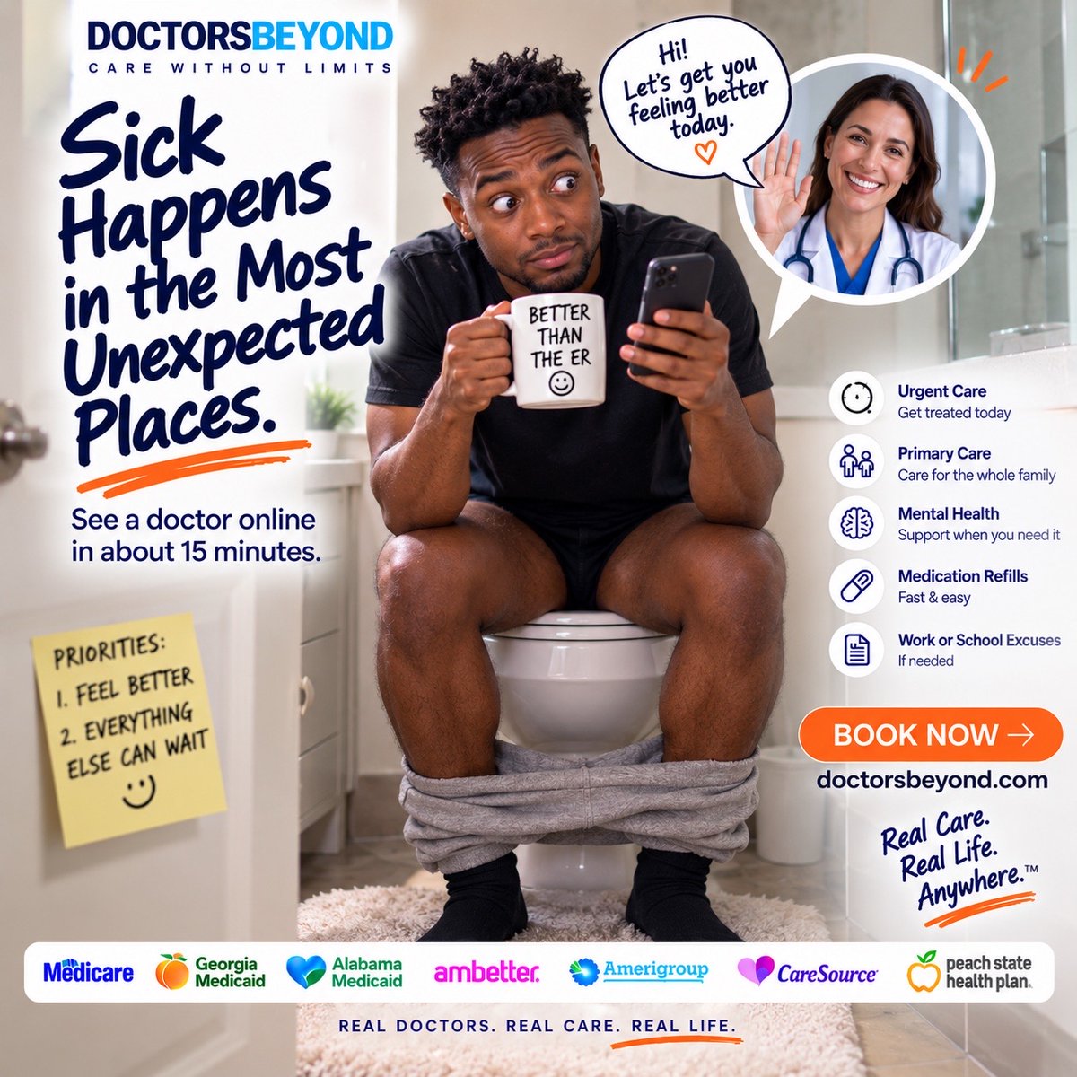 DoctorsBeyond's tweet photo. POV: Youโre already sitting downโฆ might as well see the doctor. ๐๐ฝ๐ฑ Just keep the camera pointed UP. ๐ญ https://t.co/FOR45q8lI3 #DoctorsBeyond #Telehealth #OnlineDoctor #SickDay https://t.co/OVGsCir0sE