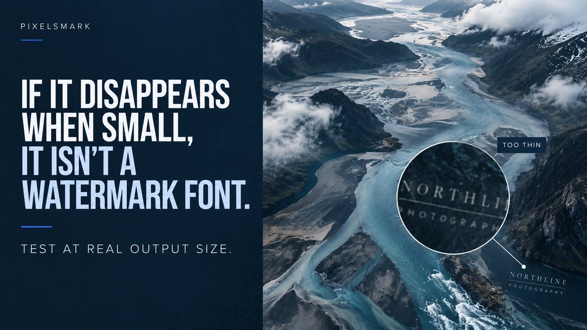 PixelsMark's tweet photo. A watermark font should be tested at export size.

A watermark font should be tested at export size—not just while it looks large on your screen.

https://t.co/oaQo2d8u5t

#PhotographyBranding https://t.co/bNAret4CNC