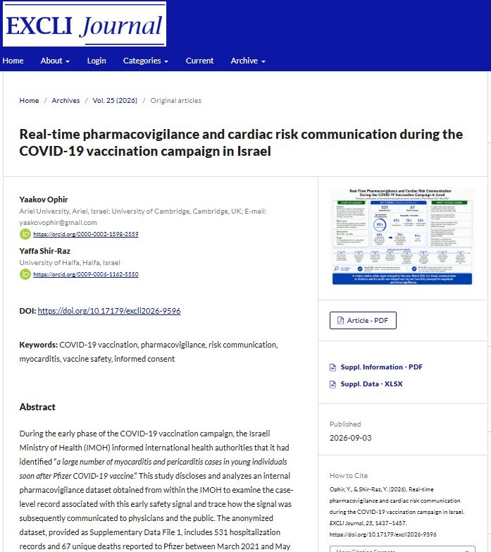 YaffaRaz's tweet photo. Finally!!
After years of censorship, Dr. @YaakovOphir and I managed to publish the “smoking gun” on the early cardiac safety signal for the COVID-19 vaccine in a major scientific outlet - EXCLI Journal (ranked in the 94th percentile in Biology 😱).

Within just two months of the start of the vaccination campaign, Israel had already warned health authorities in the U.S. and Europe: “We are seeing a large number of myocarditis and pericarditis cases in young individuals soon after Pfizer COVID-19 vaccine.”

But the data behind that “large number” never reached the public. The signal was communicated to clinicians and the public only after a delay of 3-4 months. And even then, the risk was framed as “rare, mild, and transient.”

In May and June 2021, vaccination was expanded to adolescents, and ACIP concluded that the benefits of mRNA vaccines outweighed the risks, including among adolescents and young adults.

Now, we expose an authentic internal pharmacovigilance dataset from the Israeli Ministry of Health, provided to us by a whistleblower: dozens of deaths and hundreds of hospitalizations, carefully documented and reported to Pfizer for over a year, from March 2021 through May 2022.

Myocarditis or pericarditis appeared in nearly half of the hospitalization reports, and in more than 70% of reports involving people under 30. Among males aged 20-29, the figure was 82%, and among males under 20, it was 85%.

While these percentages cannot tell us how many such events actually occurred in the population, they do show just how prominent the cardiac signal was in the Ministry’s own records.

These are extremely serious findings with implications for fundamental medical ethics and regulatory decision-making. Three urgent questions demand answers:

Why was vaccination expanded to younger adolescents despite the emerging cardiac safety signal?

How was a categorical benefit-risk conclusion reached, especially in light of Dr. Ophir’s previous reassessment of Pfizer’s pivotal trial?

And what happened to the Israeli safety data after it reached Pfizer?

@SenRonJohnson 
@SenRandPaul 

Read the full paper:
https://t.co/IXSyjZG8fT