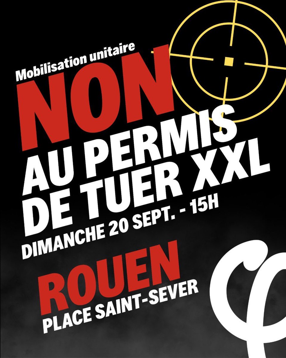 RouenInsoumise's tweet photo. 🔴Mobilisation unitaire contre la loi #permisdetuer 

En juillet, les députés macronistes, de LR et du RN ont enterré la pétition contre le « permis de tuer XXL », pourtant signée par plus de 730 000 personnes.

📍RDV à #rouen le 20 septembre à 15h, place Saint-Sever. https://t.co/aSLMtmBx94