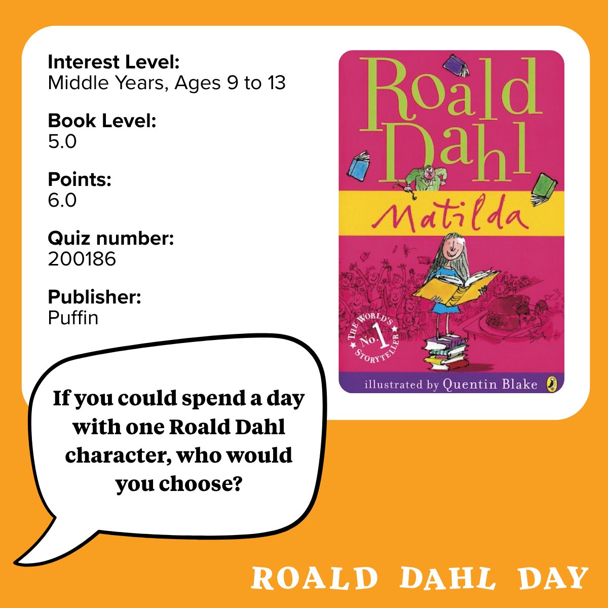 AccReader's tweet photo. 📚 Happy Roald Dahl Day!

Tell us your favourite Roald Dahl book in the comments, then discover more Roald Dahl titles and quiz information with AR Bookfinder.

👉 https://t.co/fw3PMZ30Fr https://t.co/cNzMnYnXRv