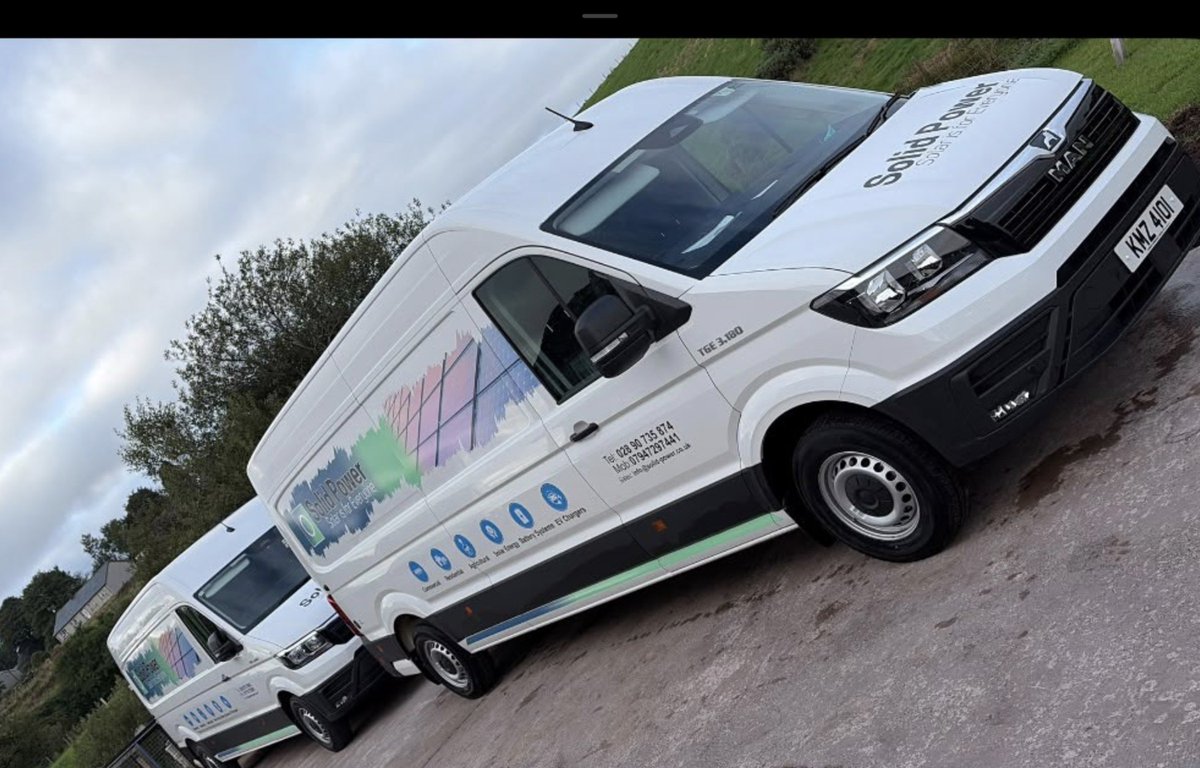 SolidPowerLtdNI's tweet photo. New wheels on the road! 🚚⚡ Our two new Solid Power vans are liveried up, fully loaded, and ready to cover serious miles this week.
​We’re bringing solar installations to every county across Northern Ireland—keep an eye out for us on the roads! ☀️🔋 #SolarEnergy #Renewables https://t.co/rongZ40ho6