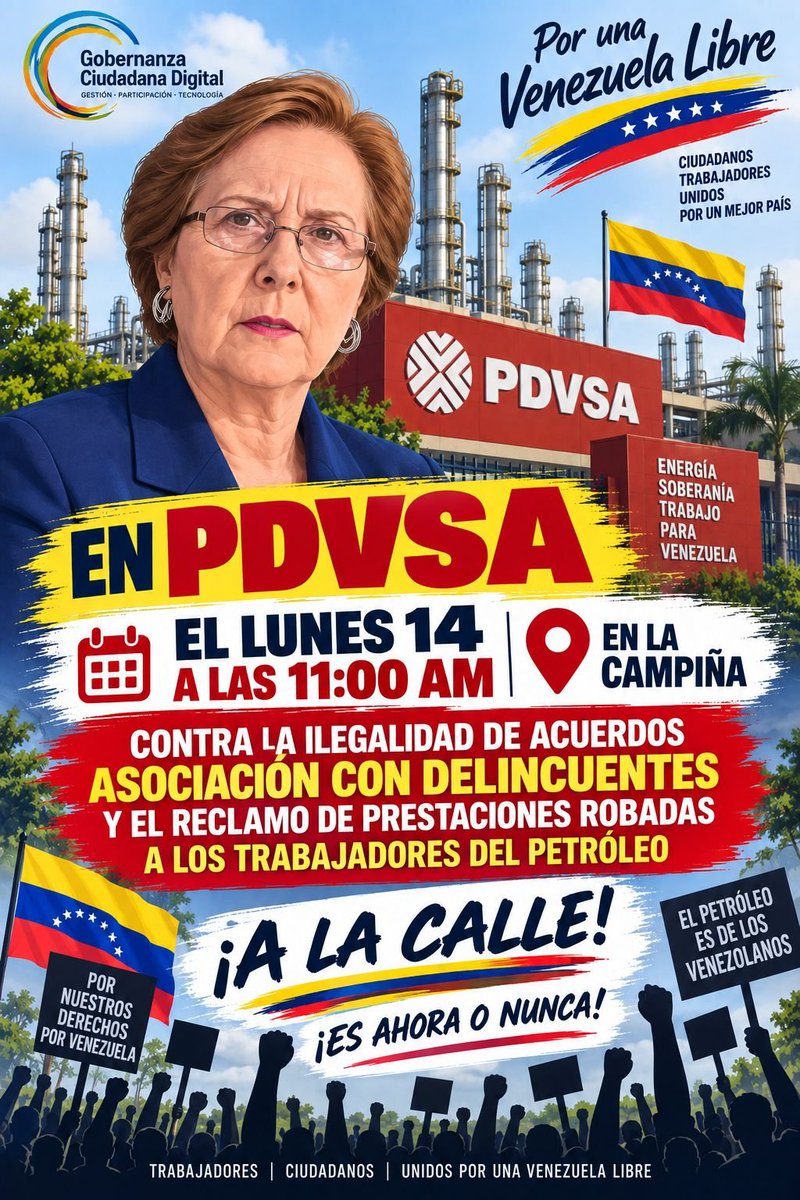 BMarmoldeLeon's tweet photo. 🇻🇪 ¡ES AHORA O NUNCA!
Este lunes 14, a las 11:00 a. m., en La Campiña, PDVSA, nos encontramos para alzar nuestra voz por Venezuela. https://t.co/w0wv62oGto