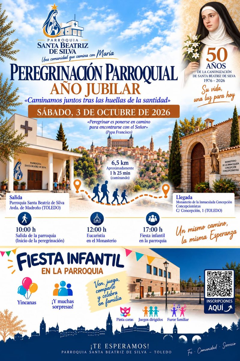 StaBeatriz's tweet photo. Peregrinación Jubilar y Fiesta de las Familias este sábado, 3 de octubre de 2026 con motivo del 50º aniversario de la canonización de Santa Beatriz de Silva
Una invitación especial a toda la parroquia #StaBeatrizToledo
Inscribete ya en el formulario: https://t.co/7dzOfpPRUo
👇👇 https://t.co/tBaBB58wu5