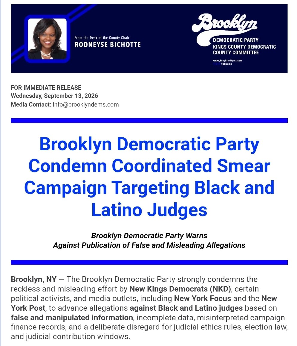 bkdems's tweet photo. Brooklyn Democrats Condemn Coordinated Smear Campaign Targeting Black &amp; Latino Judges and communities. We reject @newkingsdems false narratives fed to @nypost &amp; other media outlets on misinterpreted campaign finance records, anonymous accusations, ...⤵️
https://t.co/AvHZTFwc4w https://t.co/mrBlGBHci3