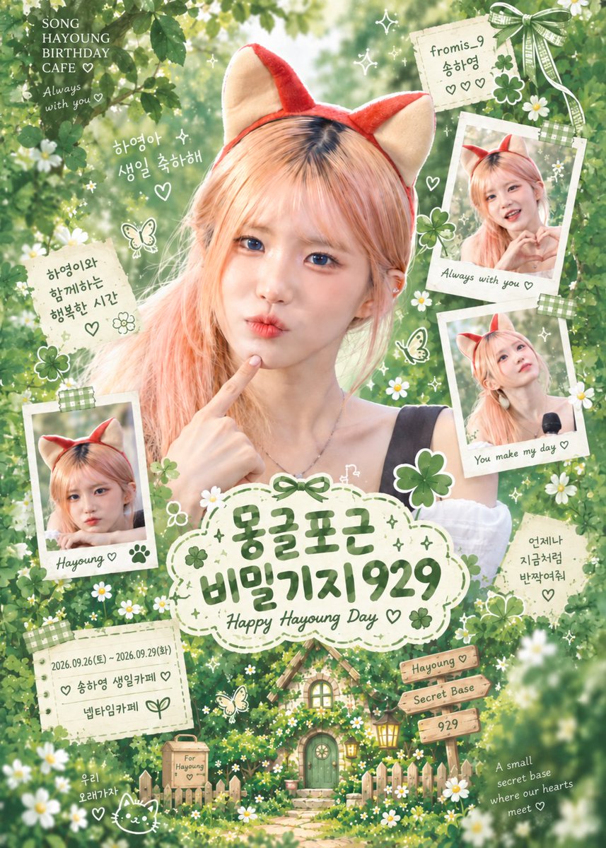 fromis_mixdog's tweet photo. 🍀 몽글포근 비밀기지 929 🍀
˚₊· 송하영 생일카페 ·₊˚

하영이를 좋아하는 마음이 모여
초록빛으로 물든 작은 비밀기지 🌿
몽글몽글한 설렘과 포근한 축하를 담아
하영이의 생일을 함께할 여러분을 기다릴게요 ♡

🗓 2026.09.26(토) ~ 09.29(화)
📍 넵타임커피
서울 강남구 논현로132길 33 1층

🎁 음료 특전
L파일 · 종이컵 · 포카 2장 · 스티커

자세한 안내는 공지 이미지를 확인해 주세요.
문의는 💌 @fromis_mixdog DM으로 부탁드립니다.

#송하영 #하영 #프로미스나인
#송하영생일카페 #몽글포근비밀기지929