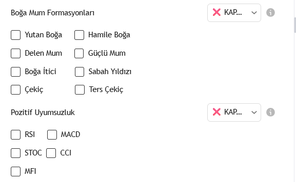 snrkzn's tweet photo. 📢HTM - Multicator v3.4 Yayında

📌Bu sürüm ile birlikte Göstergeler bölümüne;

✅Kaufman Hareketli Ortalama
✅TD Sequential
✅Macdas indikatörleri eklenmiştir

🎯Tarama Opsiyonları içinde;

✅TD Sequential AL Sinyali Taraması

✅Macdas İndikatör AL Sinyali Taraması

✅Boğa Mum Formasyonlarını, AYRI AYRI veya TAMAMINI kapsayacak şekilde tarama yapılabilme özelliği gelmiştir.

✅Pozitif Uyumsuzlukları, AYRI AYRI veya TAMAMINI kapsayacak şekilde tarama yapılabilme özelliği gelmiştir.

✅ Düşeni Kıran Osilatörleri, AYRI AYRI veya TAMAMINI kapsayacak şekilde tarama yapılabilme özelliği gelmiştir.

✅ RSI Osilatörünün, dilediğiniz seviyenin altında kapanış yapmayı seçebilme filtresi eklenmiştir. ( Dip'ten dönüşleri bulmada etkilidir )

✅ RSI Dip'ten dönüş taraması eklenmiştir

✅Fibonacci seviyelerinden gelen tepki hareketlerinde, Fibonacci seviyelerini, AYRI AYRI veya TAMAMINI kapsayacak şekilde tarama yapılabilme özelliği gelmiştir.

✅Hareketli Ortalama Kesişimlerini, dilediğiniz hareketli ortalama türleri de dahil olmak üzere, AYRI AYRI veya TAMAMINI kapsayacak şekilde tarama yapılabilme özelliği gelmiştir. (13/34 - 8/21 - 9/22 - 50/100 - 100/200 - 5/8/13 - 13/34/55 Kesişimleri ve Golden Cross)

✅Fiyatın, hareketli ortalama üstünde kapanış yapmış olma şartını, AYRI AYRI veya TAMAMINI kapsayacak şekilde tarama yapılabilme özelliği gelmiştir. (Trendi devam eden hisseleri bulmakta etkilidir)

✅Fiyatın, hareketli ortalama seviyelerini yukarı kesmesini, AYRI AYRI veya TAMAMINI kapsayacak şekilde tarama yapılabilme özelliği gelmiştir.

✅Fiyatın, hareketli ortalamadan Retest (Onay alma) seviyelerini, AYRI AYRI veya TAMAMINI kapsayacak şekilde tarama yapılabilme özelliği gelmiştir.

🗒️Not: Seçim yapabileceğiniz hareketli ortalamalar: 13 - 21 - 34 - 50 - 55 - 89 - 100 - 144 - 200 - 233 - 377 - 610

🚀Son sürüm, TradingView Free (ücretsiz) hesaplarda kontrol edilmiştir. Son derece kusursuz çalışmaktadır.

ℹ️ Uygulama kullanımı için X sayfama abone olmanız yeterlidir. HTM-Mlticator Uygulaması ile birlikte Teknik - Temel ve Takas tarama özelliği bulunan Hisse Tarama Modülü Uygulaması kullanımı da Değerli Abonelerimin hizmetine sunulmaktadır

#htmmulticator #hissetaramamodulu