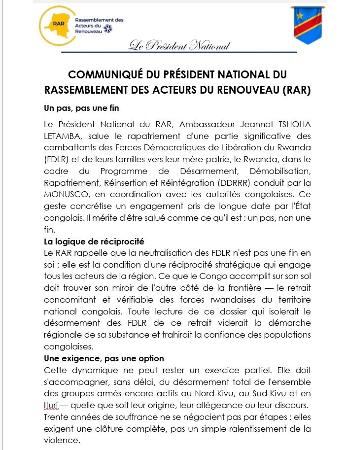 simon_piderek's tweet photo. Le Parti RAR et son président national Dr. Ambassadeur Jeannot TSHOHA LETAMBA @JLetamba  saluent le rapatriement des éléments du FDLR et des leurs familles 
👇👇👇👇Communiqué 👇👇 https://t.co/djLv7AGw7w
