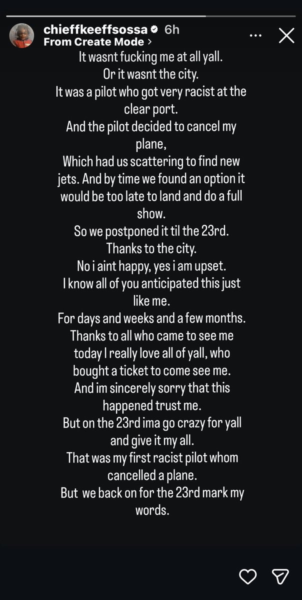 headlinesplug's tweet photo. Chief Keef’s highly anticipated Chicago homecoming show was postponed Saturday after travel issues prevented him from arriving in time.

Keef claims the pilot involved was racist and canceled his plane. The concert has now been rescheduled for September 23. https://t.co/lg2g7bKCQY