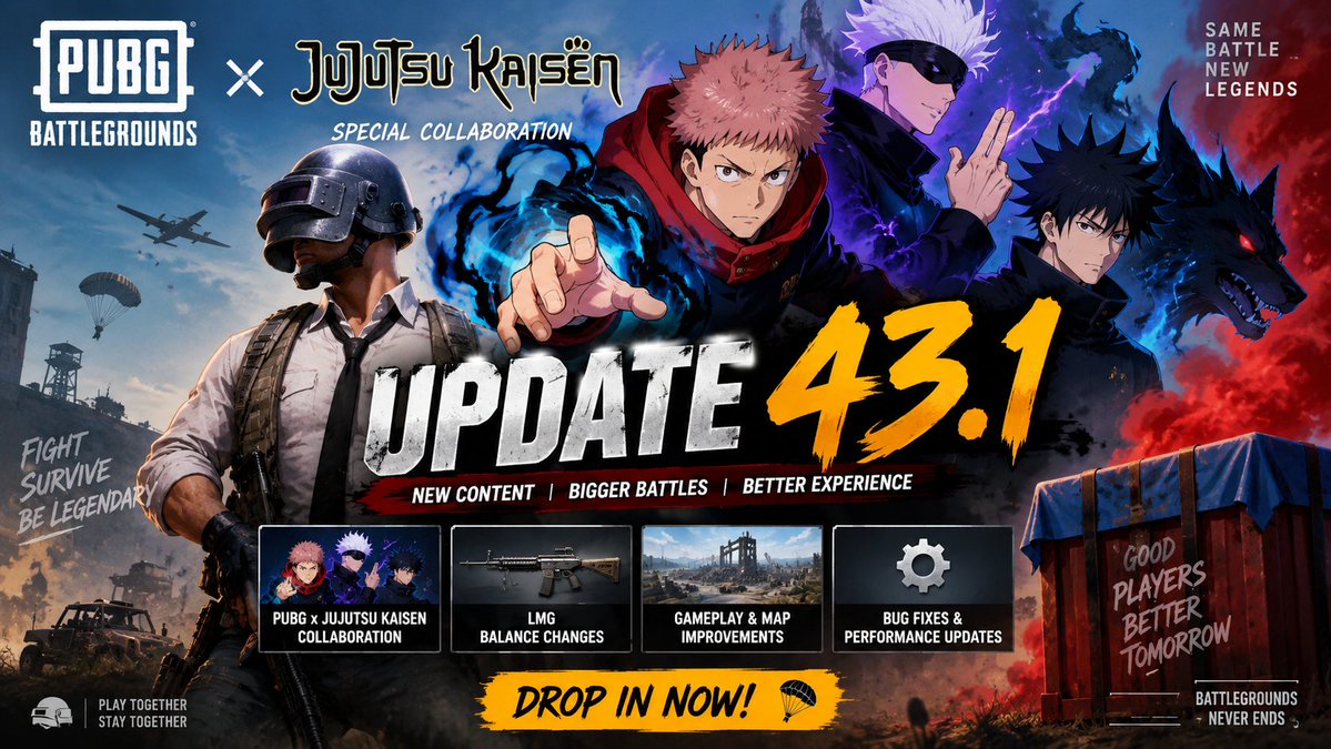 GameNex34's tweet photo. ๐ฅ PUBG Update 43.1 is here! ๐ฎ
โ๏ธ PUBG x Jujutsu Kaisen
๐ซ New balance changes
๐ Gameplay improvements
Ready to drop? ๐ช๐ฅ
#PUBG #PUBGUpdate #Gaming https://t.co/lxCKjAhgHw