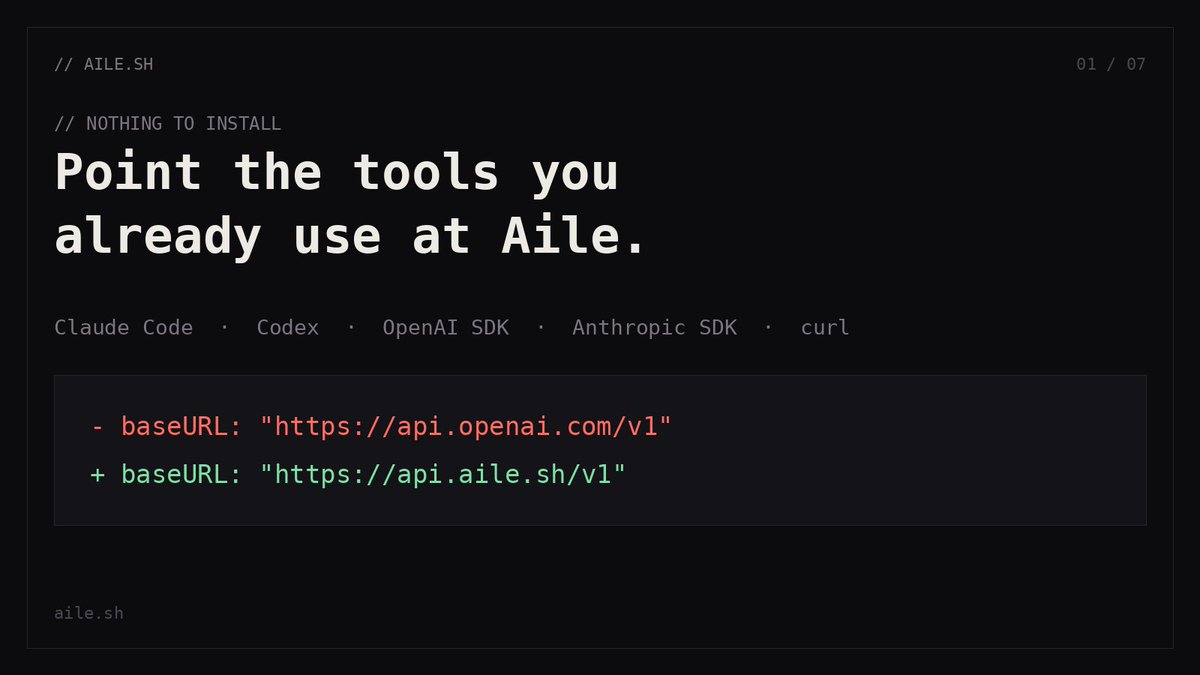 AileLabs's tweet photo. Aile speaks OpenAI and Anthropic wire formats natively.

Nothing new to install. The tools you already use just point somewhere else.

https://t.co/bUyTw92VTZ https://t.co/LkXa3PUVuO