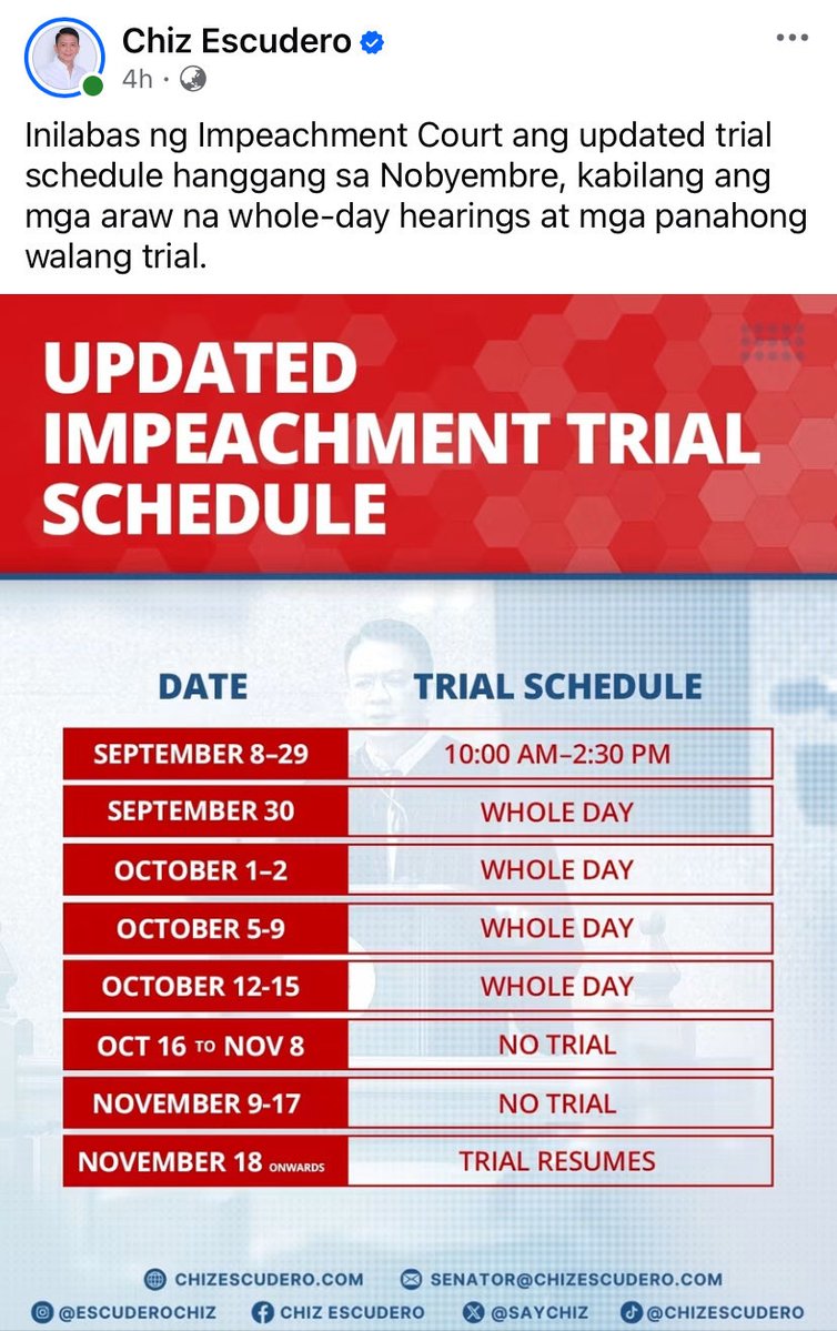 nimfaravelo's tweet photo. Updated trial schedule ng Senate Impeachment Court
c/o Sen. @SayChiz 's FB page
@dzbb https://t.co/uXuTHkm3UK
