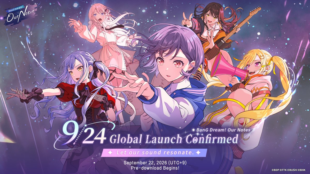 bangdreamon_EN's tweet photo. "BanG Dream! Our Notes"
Officially launching on September 24 (UTC+9), 2026!

The official launch date has been confirmed!
Pre-download will gradually become available starting September 22 (UTC+9).💫

The game will launch simultaneously worldwide. Stay tuned!