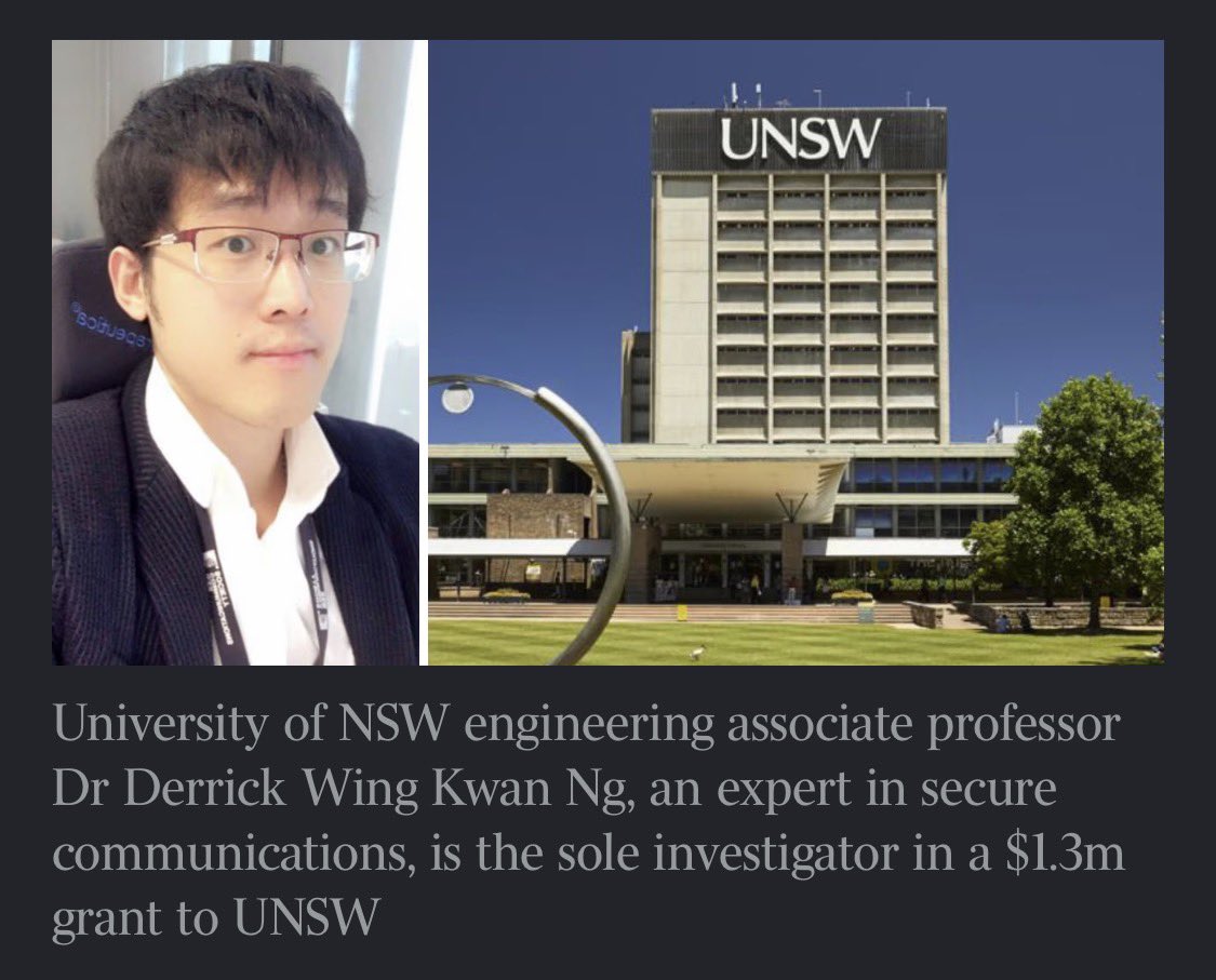 RositaDaz48's tweet photo. Taxpayer funds flow to professor who worked on covert surveillance with China’s military researchers !

An Australian professor who collaborated with Chinese military scientists on research referring to battlefield combat and covert surveillance has been handed another $1.3m taxpayer grant by the Australian Research Council for high-security research. 
University of NSW engineering associate professor Dr Derrick Wing Kwan Ng, an expert in secure communications, is the sole investigator in a $1.3m grant to UNSW to develop 6G wireless networks powered by antennas that can reposition in real time for faster and more efficient wireless services.
The ARC Future Fellowship, granted last week, is the third and most expensive ARC grant awarded to research projects involving Dr Ng this year, totalling $3.56m.