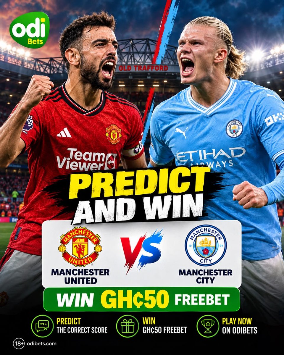 Odibets0fficial's tweet photo. MANCHESTER DERBY TIME! 🔴🔵

The rivalry is back! Who takes the bragging rights at Old Trafford?

⚽ Manchester United 🆚 Manchester City

Think you know the final score? Drop your correct score prediction for a chance to WIN GH₵50 FREEBET with Odibets Ghana! 

#PlayWithOdibets https://t.co/m2AyaEpq0W