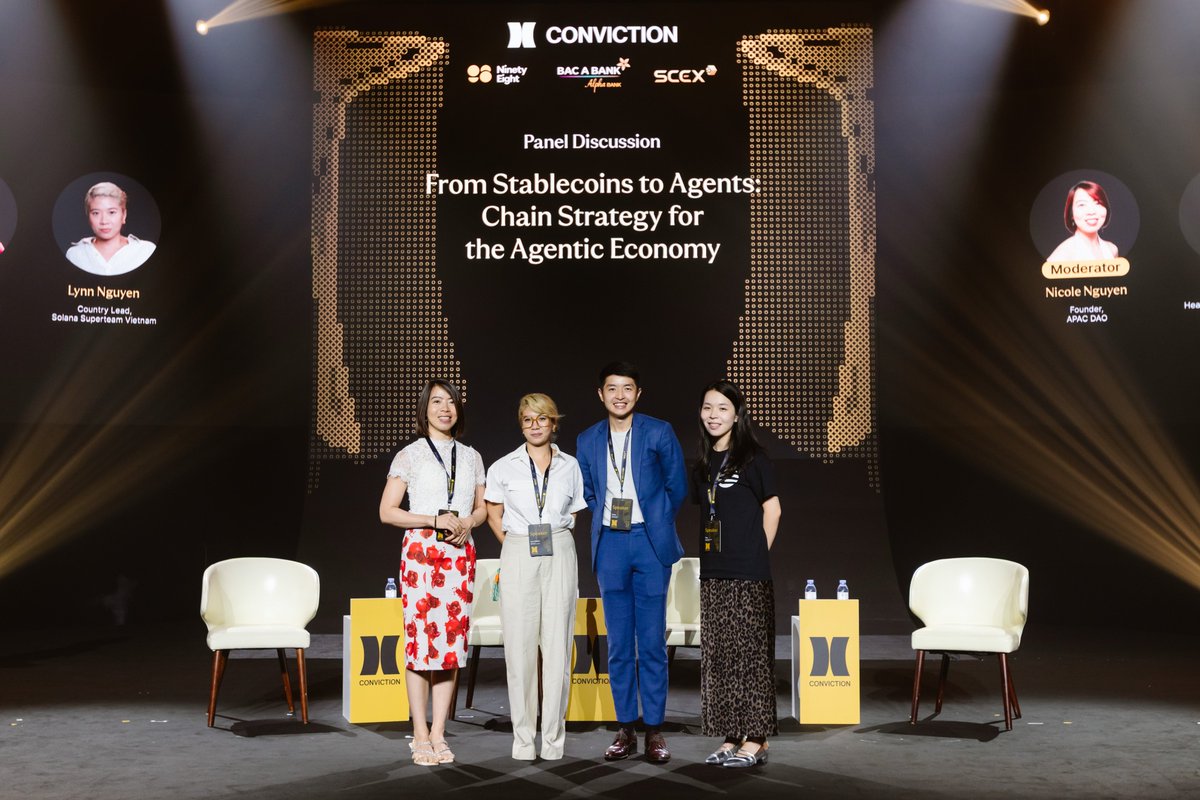 Convictionvn's tweet photo. From Stablecoins to Agents: Chain Strategy for the Agentic Economy

▶️ Watch the full panel discussion: https://t.co/spdm49CWfW

As AI agents become increasingly capable of executing transactions, managing assets, and interacting with digital services autonomously, blockchain could emerge as a key infrastructure layer for the growing agentic economy.

At Conviction 2026, representatives from across blockchain ecosystems came together to discuss how different chains are preparing for this shift.

Speakers:
• YiAn — Head of Wallet Partnership, @Aptos 
• Edwin — Southeast Asia Lead, @monad 
• @LynnWWins  - Country Lead, @SuperteamVN 
• Moderator: Nicole Nguyen — Founder, @apacdao 

From stablecoins, payments, and liquidity to infrastructure, developer experience, and ecosystem design, the discussion explored the factors that could shape blockchain competitiveness as AI agents emerge as a new class of onchain users.