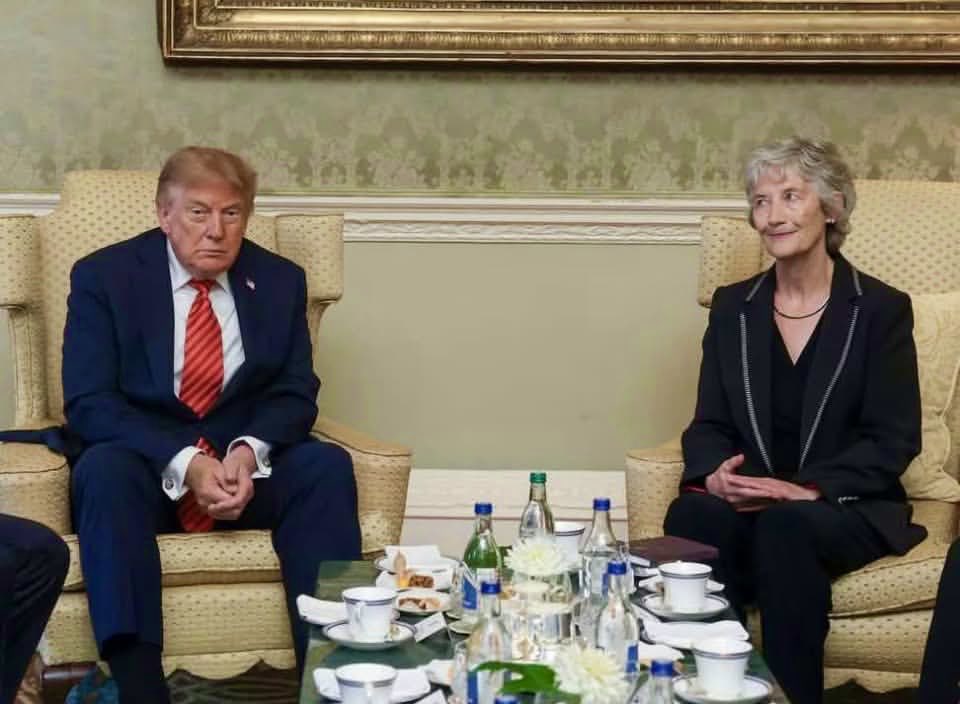 LakotaMan1's tweet photo. The foreign press is now reporting that Catherine Connolly, the President of Ireland, insisted on being seated away from Trump because he was emanating a disgusting “fecal” like nauseating odor. https://t.co/TUgpVSW7ie