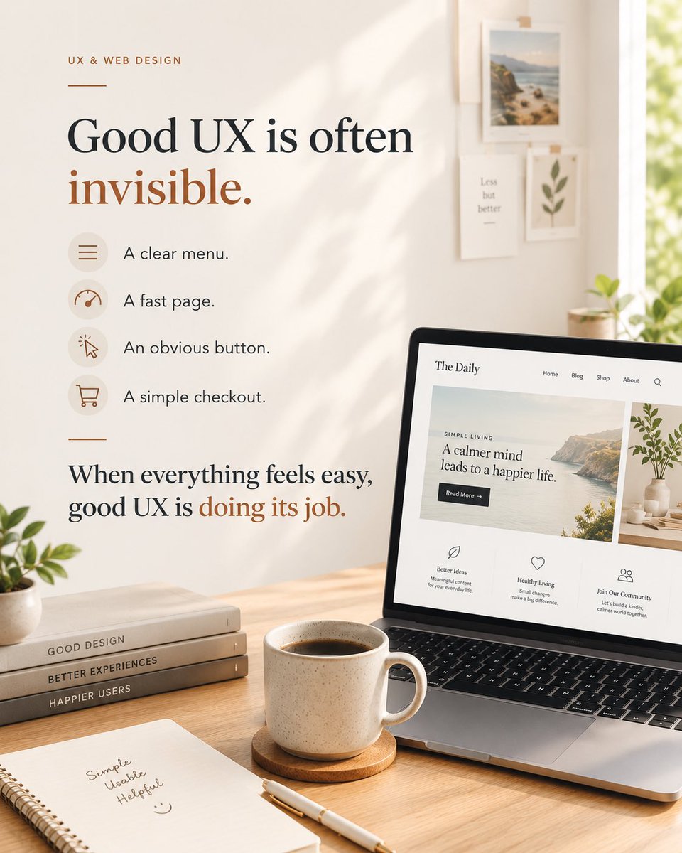 aztheme's tweet photo. Good UX is often invisible.

A clear menu.
A fast page.
An obvious button.
A simple checkout.

When everything feels easy, good UX is doing its job. https://t.co/aq7psEP5z5
