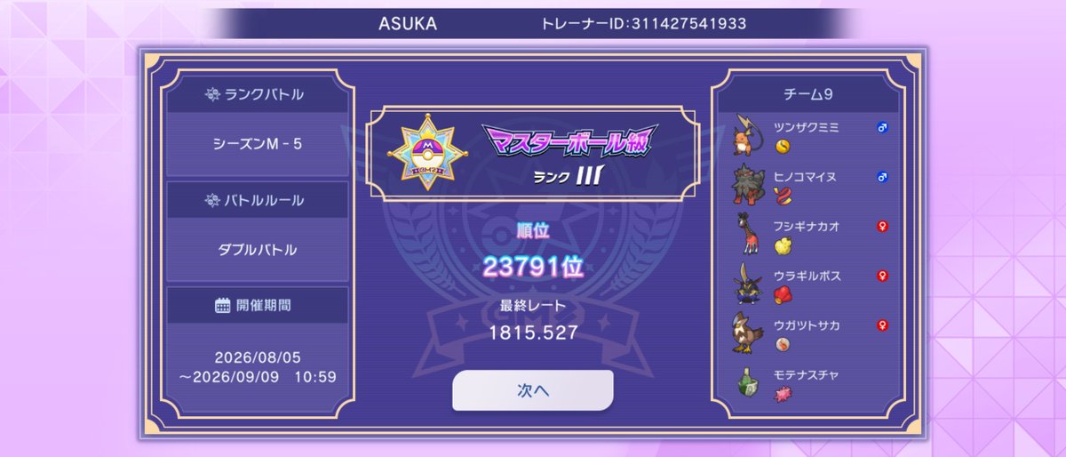 ASUKA01_ASUKA's tweet photo. シャドウバン解除されたんで、遅ればせながらM-5の結果です。キムさんのパーティを参考にしつつ、ヤバソチャを入れた感じです。
#ポケモンチャンピオンズ https://t.co/1zZ7P79QYD