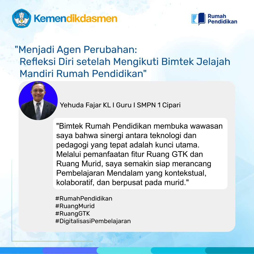 YehudaKL's tweet photo. Teknologi hadir untuk memperkuat peran guru di kelas. 
@rumahpendidikan.kemendikdasmen

#RumahPendidikan #RuangMurid #RuangGTK #DigitalisasiPembelajara https://t.co/sXgAaAupc3