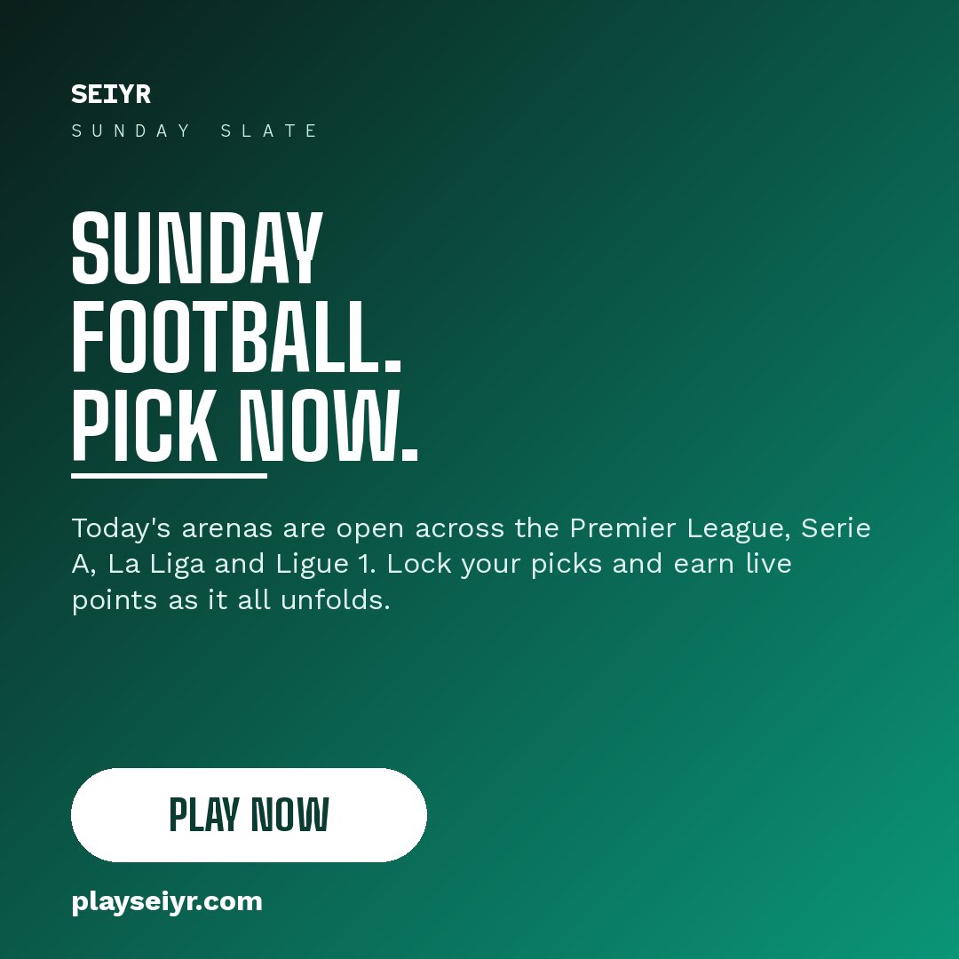 playseiyr's tweet photo. Sunday football. 🟢 Today’s arenas are open across the Premier League, Serie A, La Liga and Ligue 1 — lock your picks and earn live points as it all unfolds.

Skill-based football competition. Free to start.

👉 https://t.co/fNAwjGmyGZ

#FootballFans #MatchdayLive #PlaySeiyr https://t.co/BNdqGTnZvz