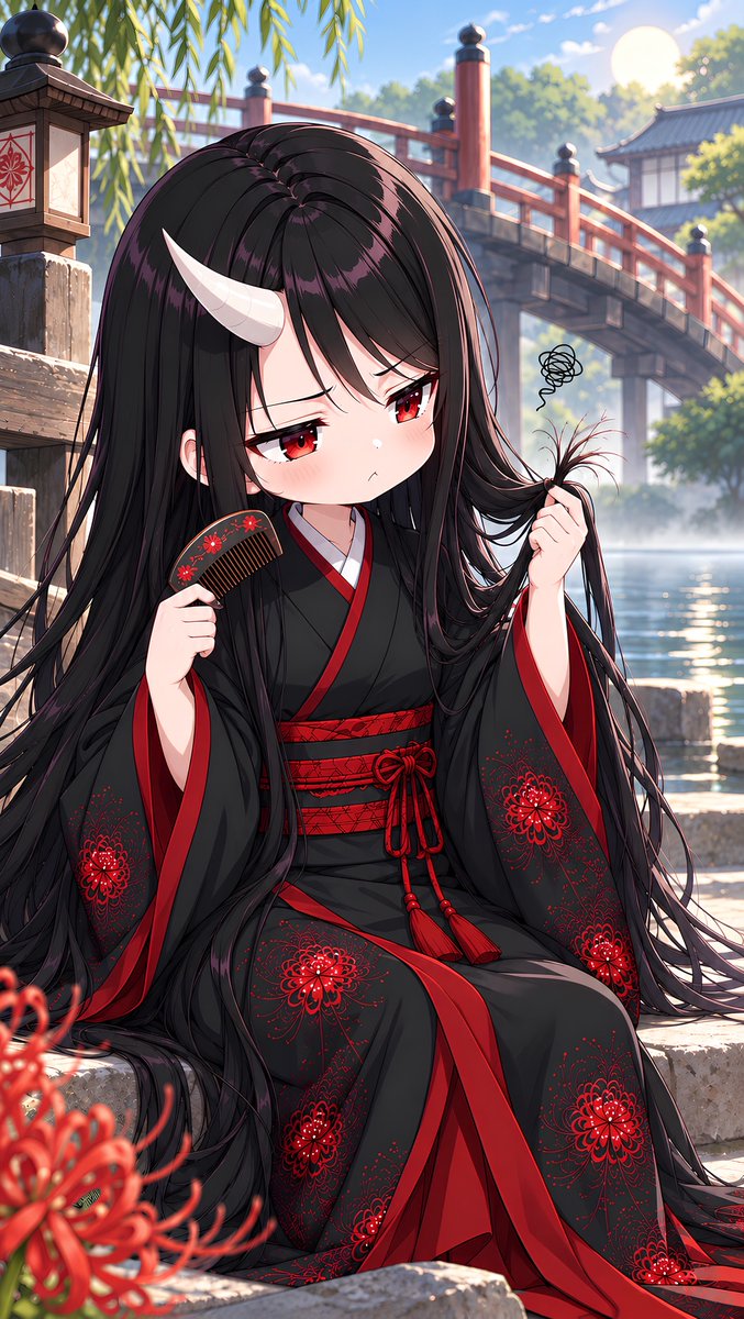 muchi_nikukyuu's tweet photo. おはようございます。
朝の身支度中、毛先に気になるものを発見。
枝毛ひとつで、橋姫さんは朝からちょっぴり不機嫌です。
自慢の髪だけに、どうにも見過ごせなかったようです。
#AIイラスト #AIart #橋姫 #Hashihime #Yokai #AnimeArt https://t.co/99er6JTFJh
