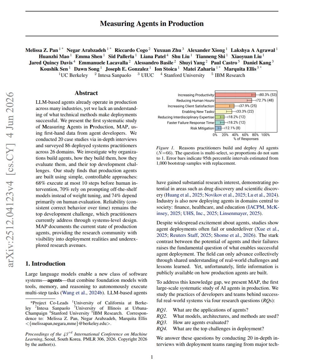 MAP paper page summarizing production-agent findings such as short workflows, off-the-shelf models, and human-in-the-loop evaluation