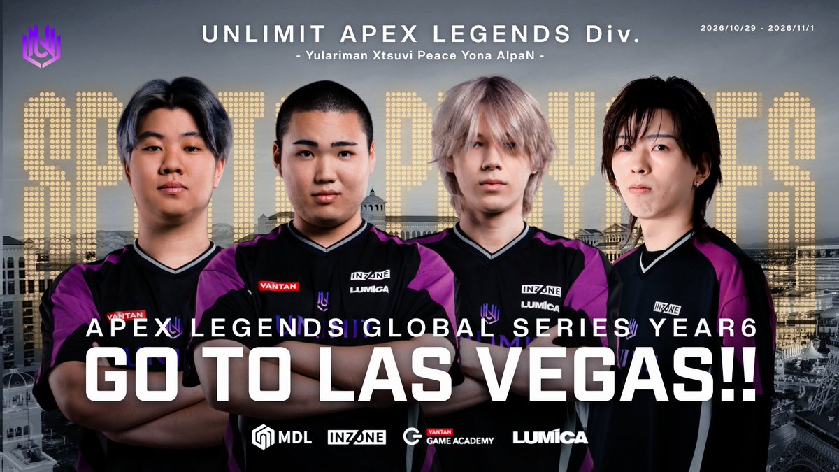 UNLIMIT_UNL's tweet photo. Hello! We are UNLIMIT🇺🇸
We’re gonna Vegas to make it back-to-back! 😈🏆

#ALGS #UNLWIN https://t.co/hihRaZfdg6