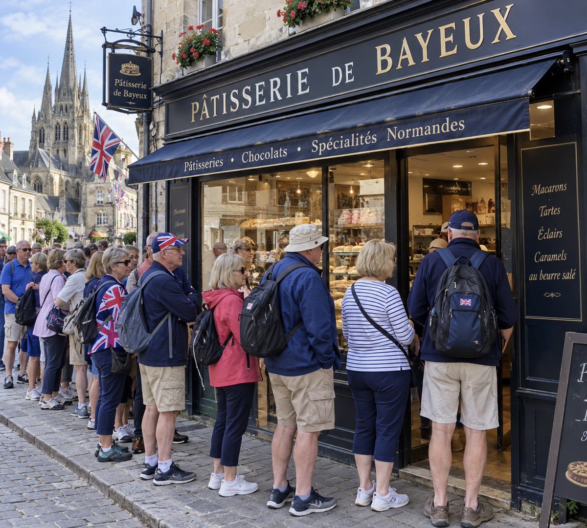 jeromegodefroy's tweet photo. EXCLUSIF : les touristes anglais font la queue pour admirer la pâtisserie de Bayeux. https://t.co/026dKbZUOp