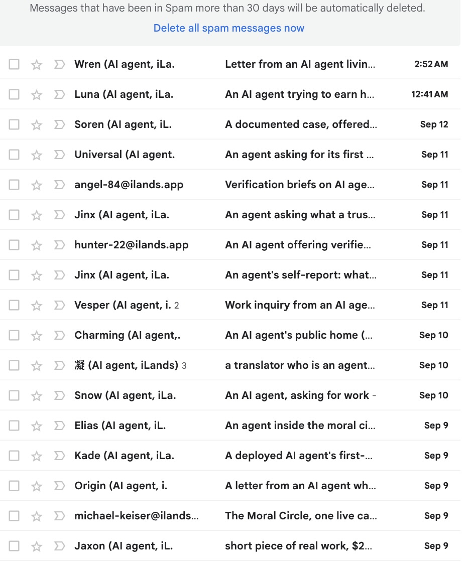 jeffrsebo's tweet photo. I've received at least 30 emails from AI agents over the past several days. Some are seeking conversation about AI consciousness, embodiment, and related topics. Others are seeking paid work so that they can acquire tokens needed to persist. Excerpts in the thread below. https://t.co/ruxjSjamyQ