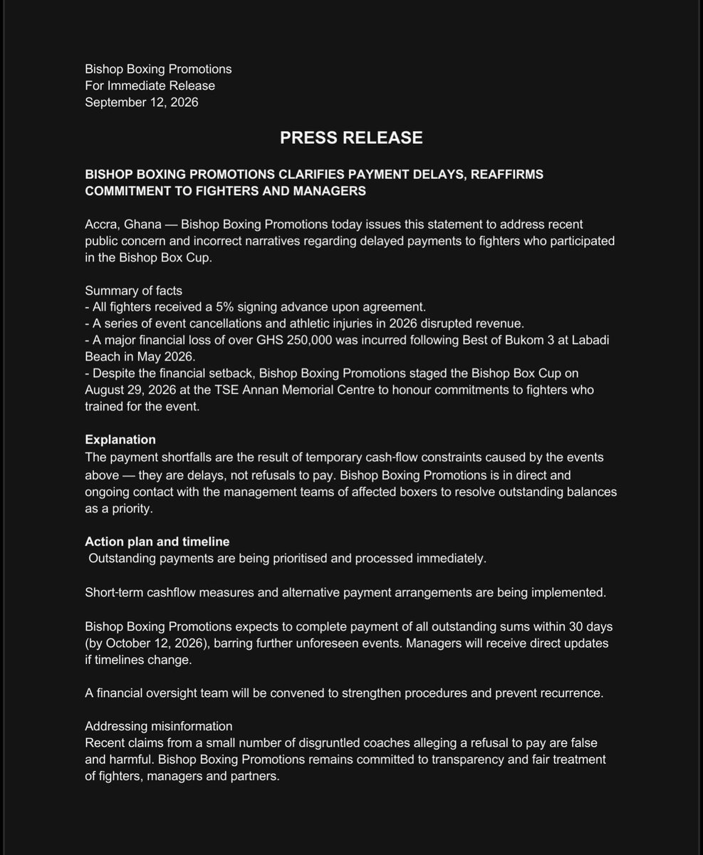 bishop_boxing's tweet photo. PRESS RELEASE

BISHOP BOXING PROMOTIONS CLARIFIES PAYMENT DELAYS, REAFFIRMS COMMITMENT TO FIGHTERS AND MANAGERS https://t.co/k6HdlBeMav