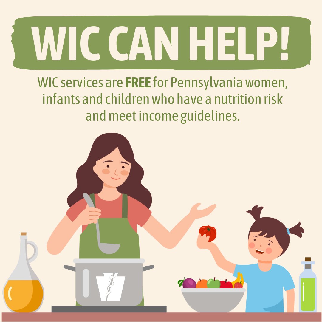 Illustration of a woman cooking and a child holding a tomato, promoting free WIC nutrition services for eligible Pennsylvania families.
