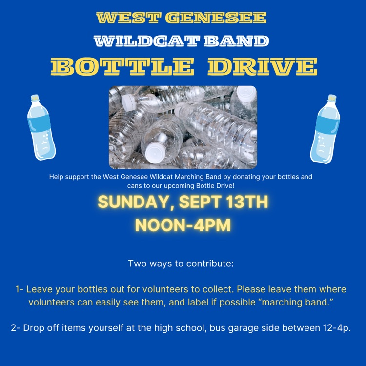 WGFineArts's tweet photo. The Wildcat Band Bottle Drive is TODAY beginning at 12:00 p.m.

Thank you again for your help in supporting the Wildcat Marching Band! https://t.co/BHb0F8MbAo