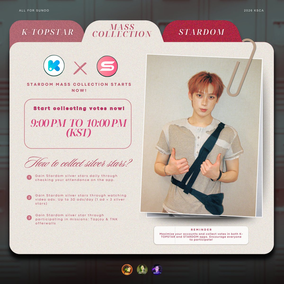 Team_Sunoo's tweet photo. [🗳️] 260913 • K-TOPSTAR x STARDOM

𝗠𝗔𝗦𝗦 𝗖𝗢𝗟𝗟𝗘𝗖𝗧𝗜𝗢𝗡 𝗜𝗡 𝗦𝗧𝗔𝗥𝗗𝗢𝗠 𝗦𝗧𝗔𝗥𝗧𝗦 𝗡𝗢𝗪! 🔥

Collect silver stars as much as you can with all accounts, participate in de@ls or give@ways, encourage everyone to collect and v0te for SUNOO! 💪🏻

🎯 Goal: Rank #1 (Maintain TOP5 in BOTH Apps)
🗓️ Deadline: 9/14, 3:00 PM (KST)
🏆 Minister's Award: Winner receives a Physical trophy

•  •  •

📲 Download STARDOM App
          ➡️ iOS: https://t.co/75kq8LtOyD
          ➡️ Android: https://t.co/sYP4uBkik8

🌟 How to get Silver Stars? 
- Daily Attendance
- Watch 30 Ads per day
- Do Missions

•  •  •

For those who wants to 🍩 ⬇️
▸ 🍩 F0rm: https://t.co/80inRu1d5p
▸ 🧾 Sh33t: https://t.co/Fg6DwT3Z76

📍NOTE: ONLY THE TOP 5 among the TOP 10 nominees of FINAL ROUND poll will have a chance to receive the Minister’s Award through a MERIT REVIEW.

ALL OUT FOR SUNOO 🤍 
#VoteSUNOOonKSCA #SUNOO
#엔하이픈_선우 #ENHYPEN_SUNOO @ENHYPEN_members @ENHYPEN