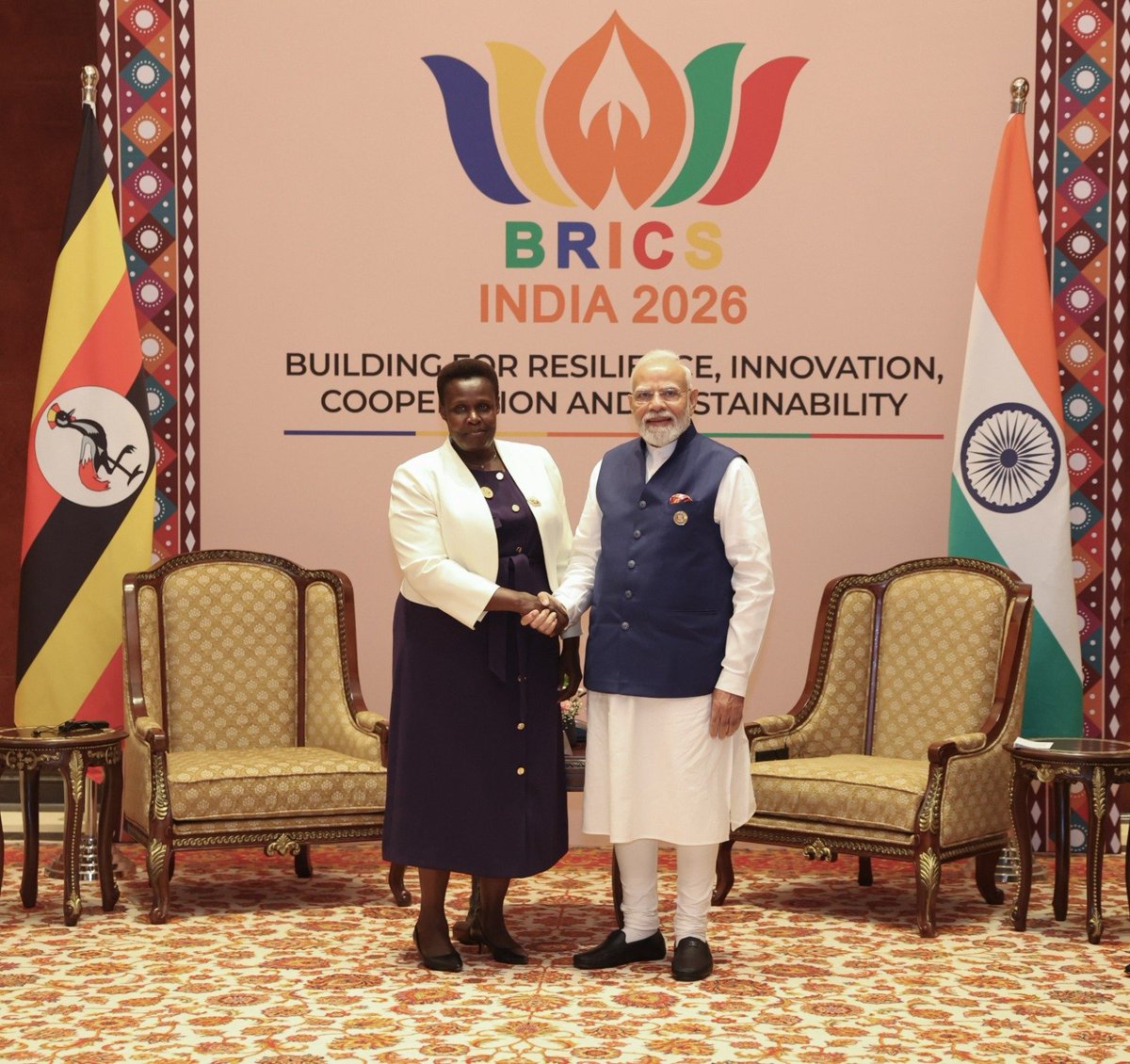 narendramodi's tweet photo. Delighted to meet Vice President Jessica Alupo of Uganda on the sidelines of the BRICS Summit. Recalled my memorable visit to Uganda in 2018 and the Kampala Principles that continue to guide India’s engagement with Africa.

We discussed ways to deepen cooperation in healthcare, agriculture, digital technologies and capacity building. 

India and Uganda will keep working closely to advance bilateral ties and ensure a stronger voice for the Global South.

@jessica_alupo