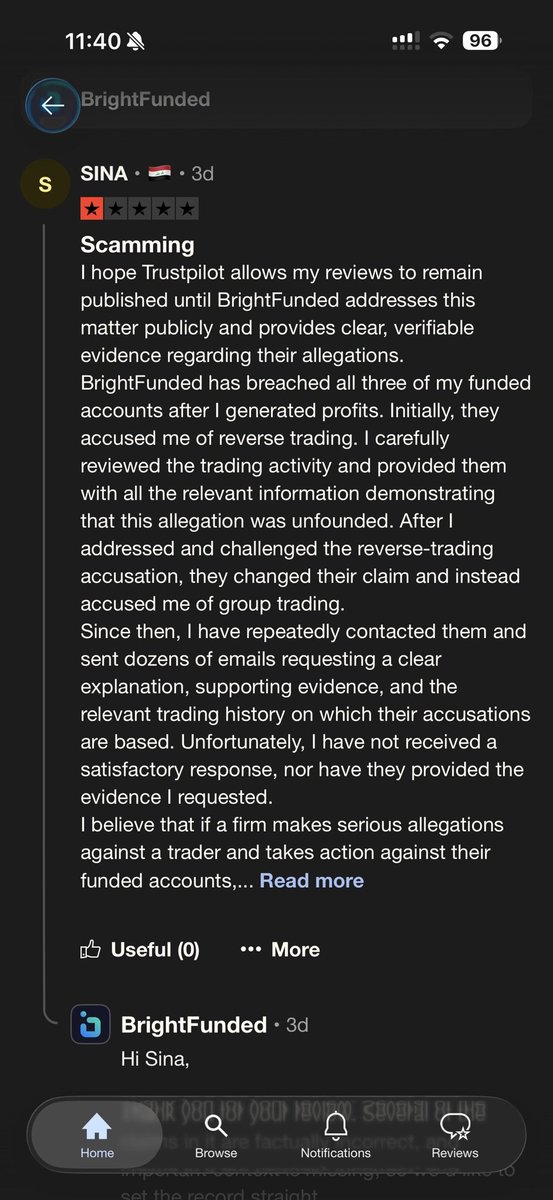 PropFirmsGuru's tweet photo. Scam alert ⚠️ @BrightFunded
Scam exposed⬇️

A trader @kurdm12332 bought 3 BrightFunded accounts, passed all 3, reached funded, and made profits on every account.

On payout day, BrightFunded requested an interview.

After the interview, all 3 accounts were breached for reverse trading with another person.

Main issue that other person was also profitable and received payouts.

If two people were reverse trading each other, one side takes the loss.

Both sides being profitable does not add up.

When that logic was challenged, the allegation changed to group trading, and the other person accounts were breached too.

The trader asked repeatedly for the trade data, timestamps, positions, and proof.

Convincing evidence was not provided.

BrightFunded:
publish the logs. Show the trades. Explain how both parties can be profitable under a reverse-trading claim.